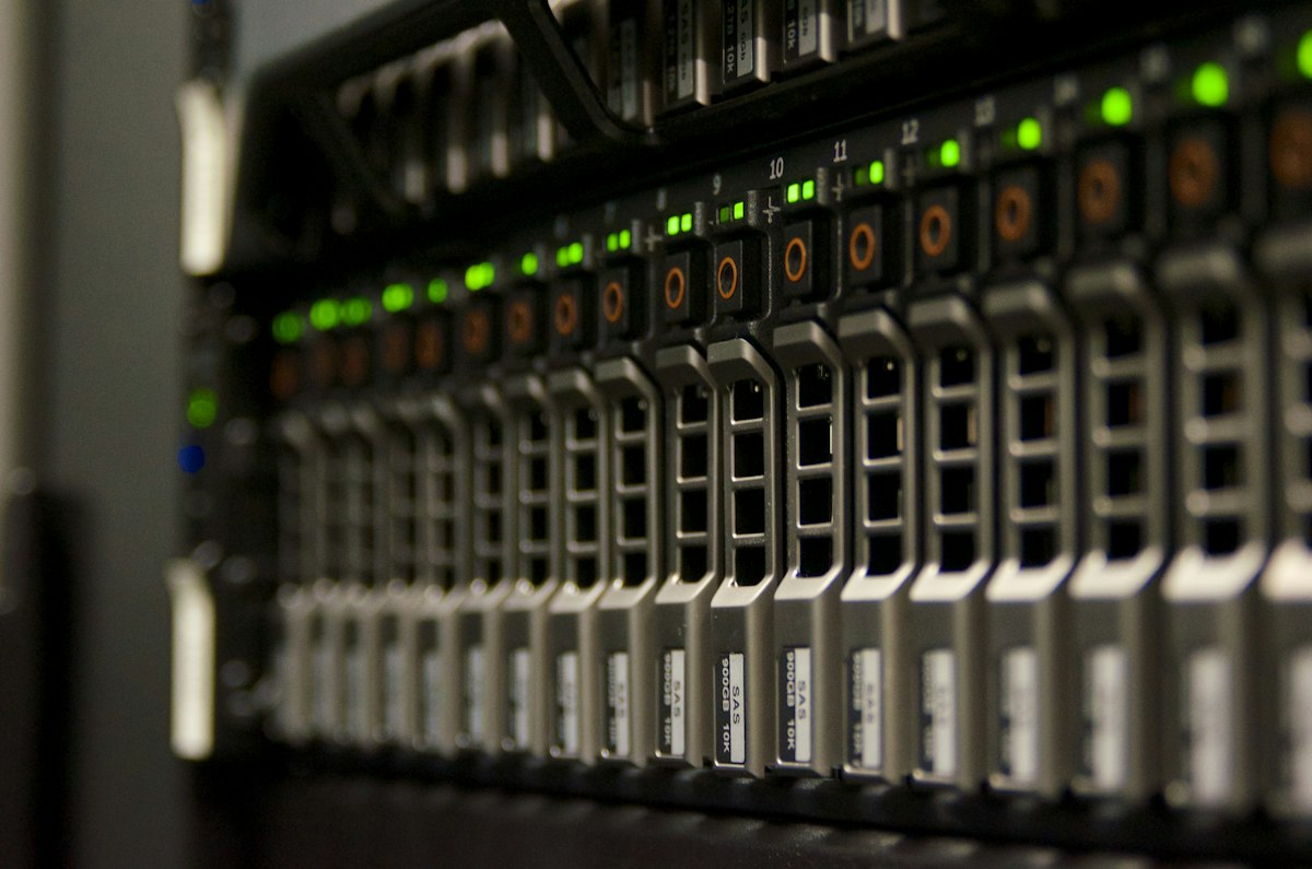 Close view of servers with status indicators